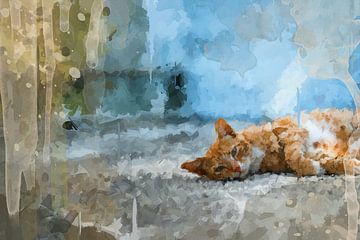 Cat enjoying serene afternoon rest - pastel colours by Fenja Jon-Blaauw - Studio Foek