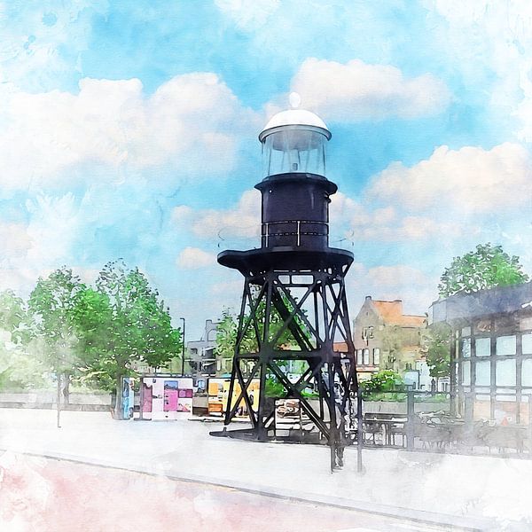 Aquarelle du centre ville de Breskens, Flandre zélandaise Zélande par Danny de Klerk