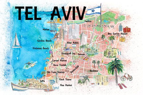 Tel Aviv Israel Illustrated Map with Roads Landmarks and Highlights