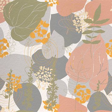Blumen im Retro-Stil. Moderne abstrakte botanische Kunst in grau, grün, rosa, gelb von Dina Dankers