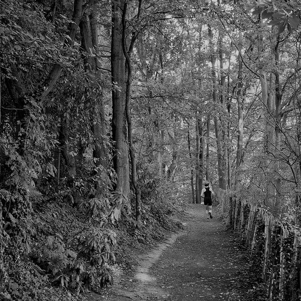 Jogger in bosrijke omgeving nabij Antwerpen, België van Marc Pennartz