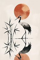 Japandi, Abstrakter Kranich mit roter Sonne und Bambus