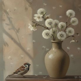 Stilleven met Mus, Paardenbloempluis en Aardewerken Vaas van Marjolein van Middelkoop