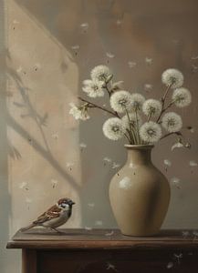 Stilleben mit Spatz, Löwenzahnflaum und Keramikvase