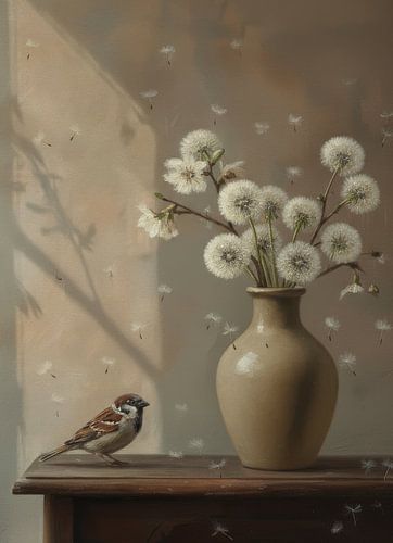 Nature morte avec moineau, peluche de pissenlit et vase en poterie sur Marjolein van Middelkoop