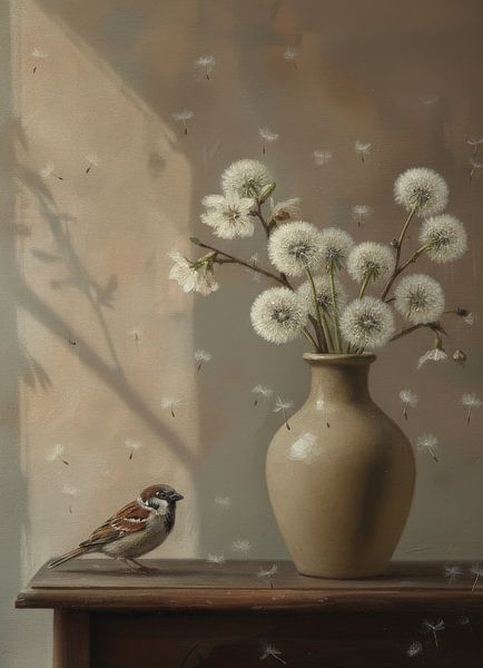 Nature morte avec moineau, peluche de pissenlit et vase en poterie par Marjolein van Middelkoop