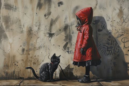 Urban Graffiti Schilderij – Meisje met Rode Jas en Zwarte Kat aan de Lijn
