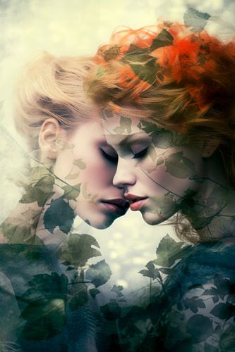 Dromerig Dubbelportret met Bladeren – Vervlochten Vrouw en Natuur