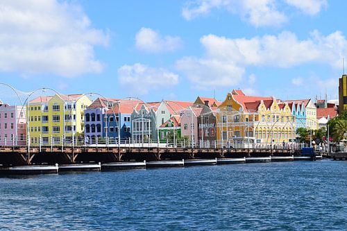 Row of colourful colonial buildings along the waterfront in Willemstad, Curaçao