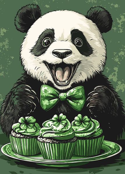Panda met groene cupcakes en feestelijk strikje van Pixelbull Design
