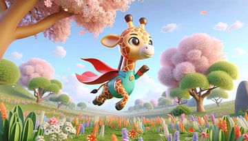 Vliegende giraffeheld in een kleurrijke lentewereld van artefacti