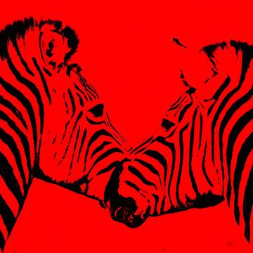 twee zebra's in rode indruk van Werner Lehmann