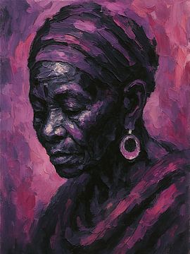 In gedachten verzonken (oude Afrikaanse vrouw met hoofddoek krachtig ingetogen schilderij) van Natalie Bruns