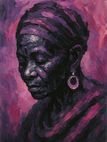 In gedachten verzonken (oude Afrikaanse vrouw met hoofddoek krachtig ingetogen schilderij)