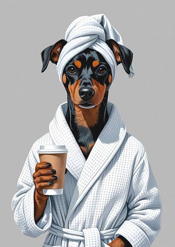 Pinscher am Morgen mit Coffee-to-go