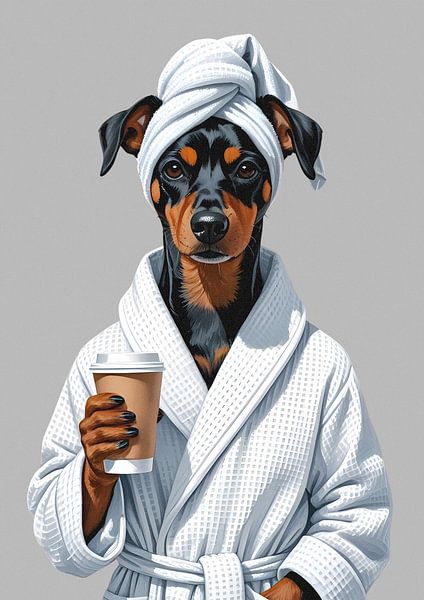 Pinscher in the morning with coffee-to-go by Renaissance Soul Art