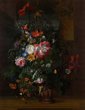 Rozen, winde, klaprozen en andere bloemen in een urn op een stenen richel, Rachel Ruysch