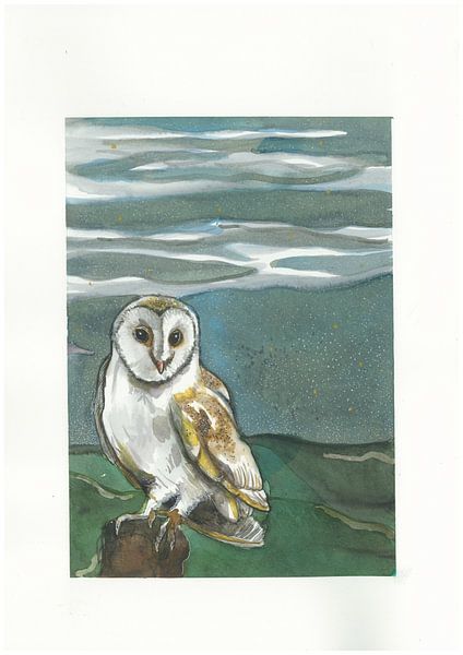 Schleiereule auf Holzpfahl von Blad&Beeld