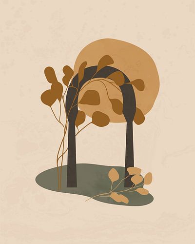 Minimalistisch landschap met een eucalyptus boom en een boog