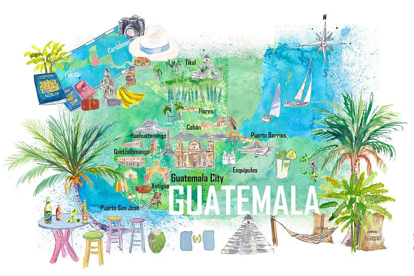 Guatemala Illustrated Travel Map with Roads and Tourist Highlights by Markus Bleichner