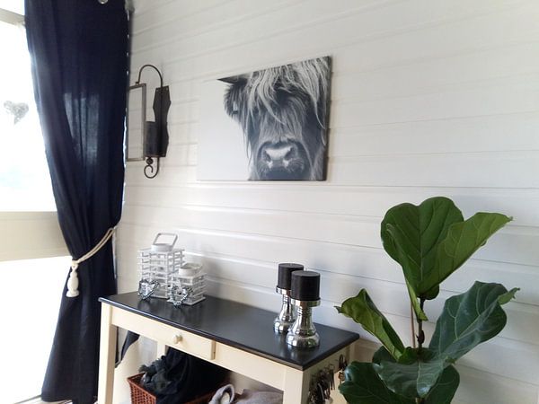 Customer photo: Portrait Scottish Highlander black and white by Sandra van Kampen, on canvas
