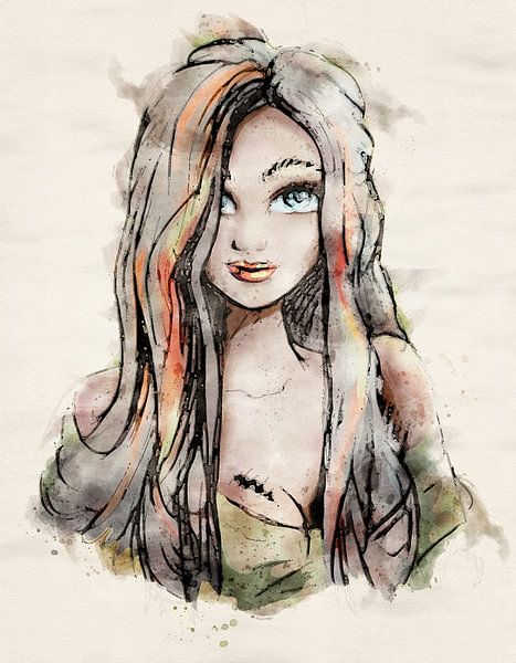 Digitaal ingekleurde waterverf stijl portret van jonge vrouw van Emiel de Lange