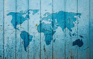 World map on blue wooden boards