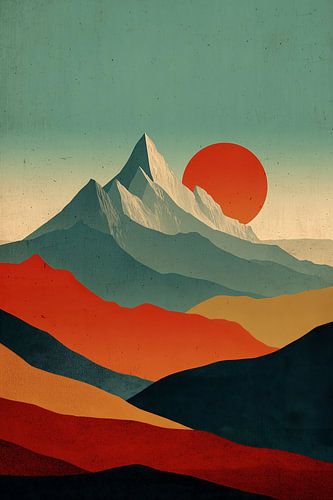 Mountain landscape with orange sun
