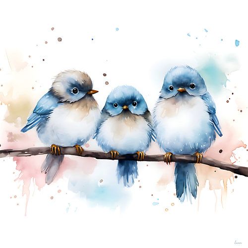Trois mignons petits oiseaux à l'aquarelle