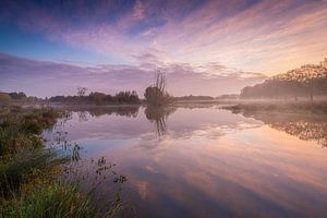 Paysage des polders néerlandais lors d'un lever de soleil brumeux sur Original Mostert Photography