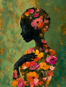 Weibliche Silhouette gefüllt mit Blumen und Farbe
