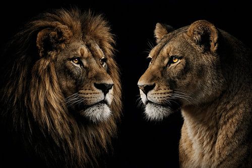 Löwe und Löwin Porträt in dunklem Licht – kraftvolle Wildlife-Fotografie