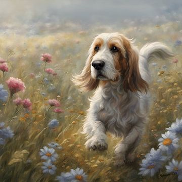 Petit Basset Griffon Vendéen spelend in een bloemenveld van Johanna's Art