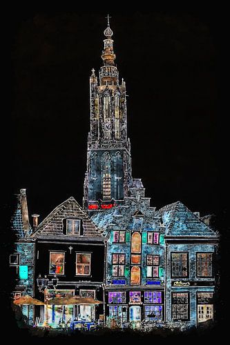 Onze Lieve Vrouwetoren in Amersfoort by night (art)