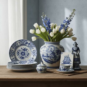 Delfts Blau Stillleben mit Tulpen und Geschirr von Mister Artsy