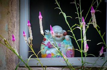 Buddha achter bloemen