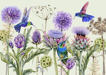 Vogels hummingbird botanische allium en artisjok van Geertje Burgers