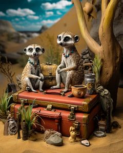 Illustration photoréaliste humoristique de deux suricates en voyage