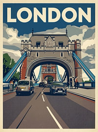 Vintage-Reiseplakat London – Tower Bridge mit klassischem Black Cab auf der Themse