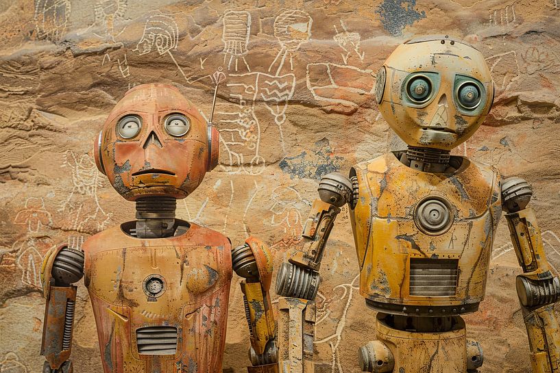 Robots Facing Ancient Rock Signs by Art & Soul Creations