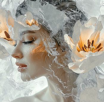 Portrait abstrait femme avec tulipes, blanc