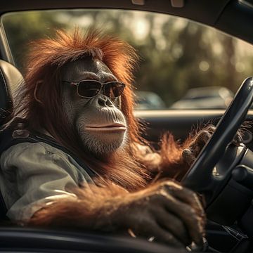 Orang-oetan achter het stuur van een auto van Luc de Zeeuw