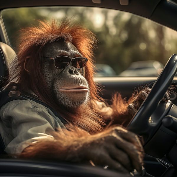 Orang-Utan hinter dem Steuer eines Autos von Luc V. de Zeeuw