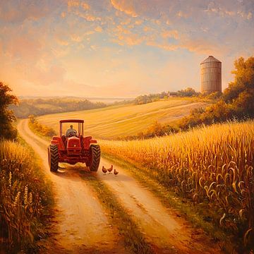 Landleven met tractor en kippen van Poster Art Shop