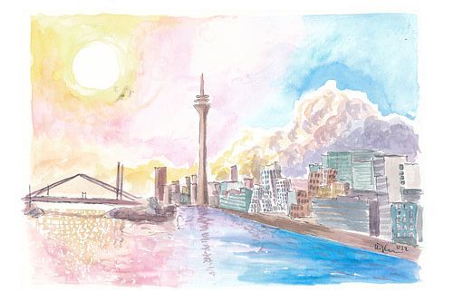 Düsseldorfer Skyline mit Rheinbrücke und Sonnenuntergang