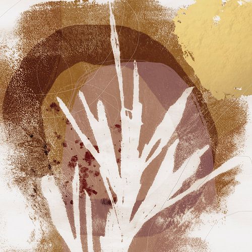 Moderne botanische minimalistische kunst. Abstracte plant in bruin, paars en goud