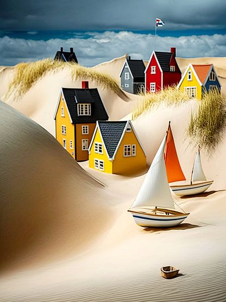 Duinlandschap Huizen Zeilboten Gras Hemel Heuvels van gm_designs