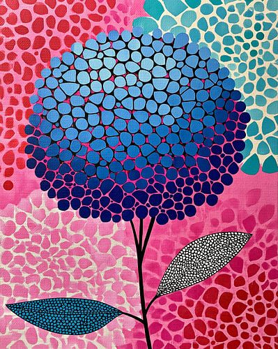 Hortensia représenté dans un style de peinture à points très marqué