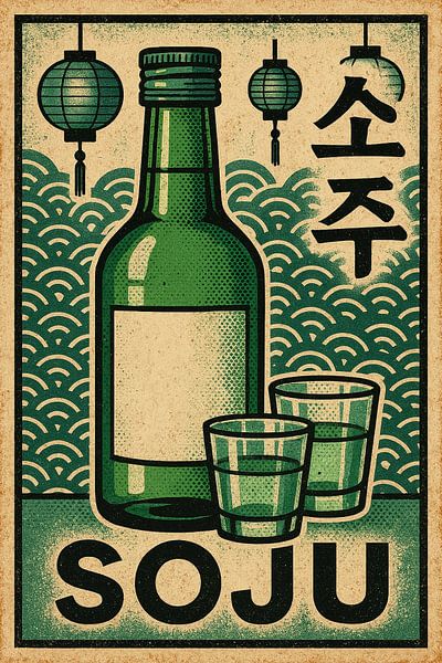 Retro Soju Poster - Koreanisches Getränk Pop Art Flaschendruck von Travel Shop