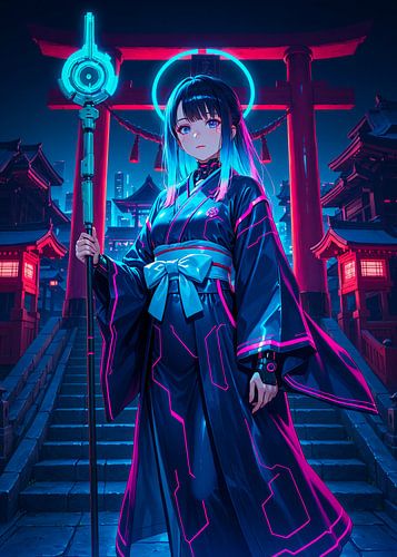 Cyberpunk Anime Girl Shrine Maiden Japan